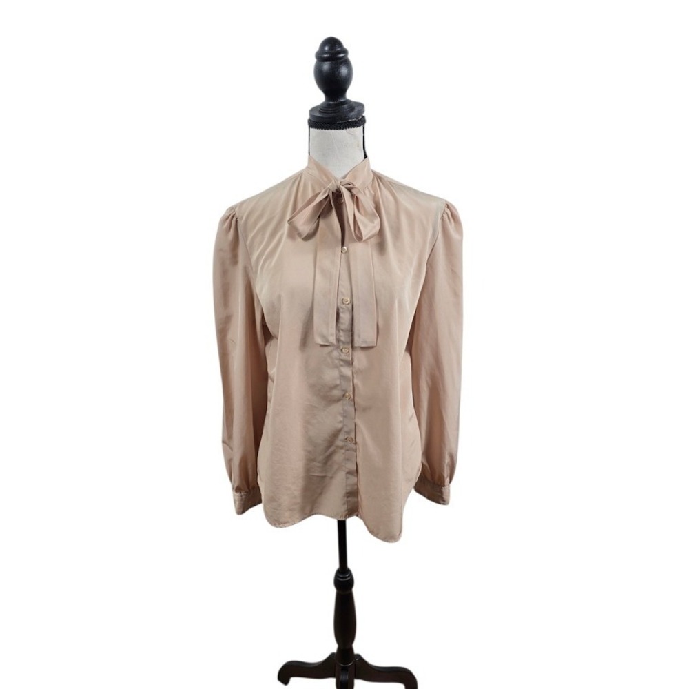 Vintage Tie Neck Blouse Womens 14 Tan Puffed Shoulder Button Down Office Top - Picture 2 of 7